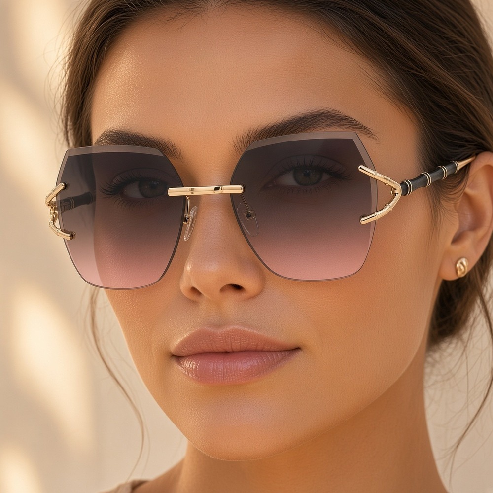 Rimless Sunglasses Women Fashion Designer Shades Trendy Gold Accents Cat Eye New